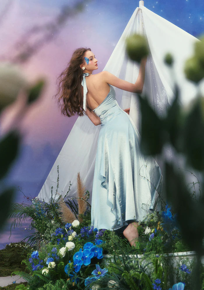 Light Blue Satin Halter Dresses with Sheer Tulle Halter Neck 3D Floral Accents Lace Up Back and Flared Skirt