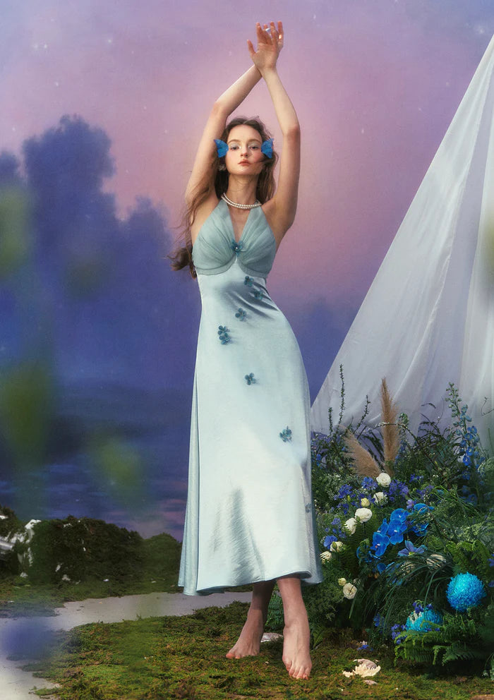 Light Blue Satin Halter Dresses with Sheer Tulle Halter Neck 3D Floral Accents Lace Up Back and Flared Skirt