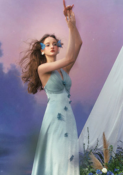 Light Blue Satin Halter Dresses with Sheer Tulle Halter Neck 3D Floral Accents Lace Up Back and Flared Skirt