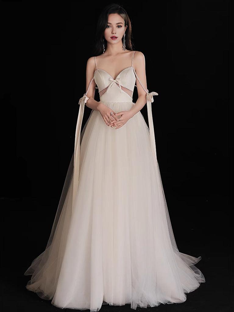 A-Line Light Champagne Tulle Beads Long Prom Dress Light Champagne Prom Dress