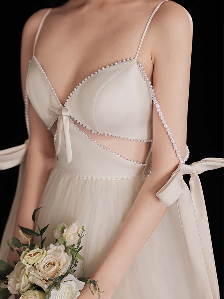 A-Line Light Champagne Tulle Beads Long Prom Dress Light Champagne Prom Dress