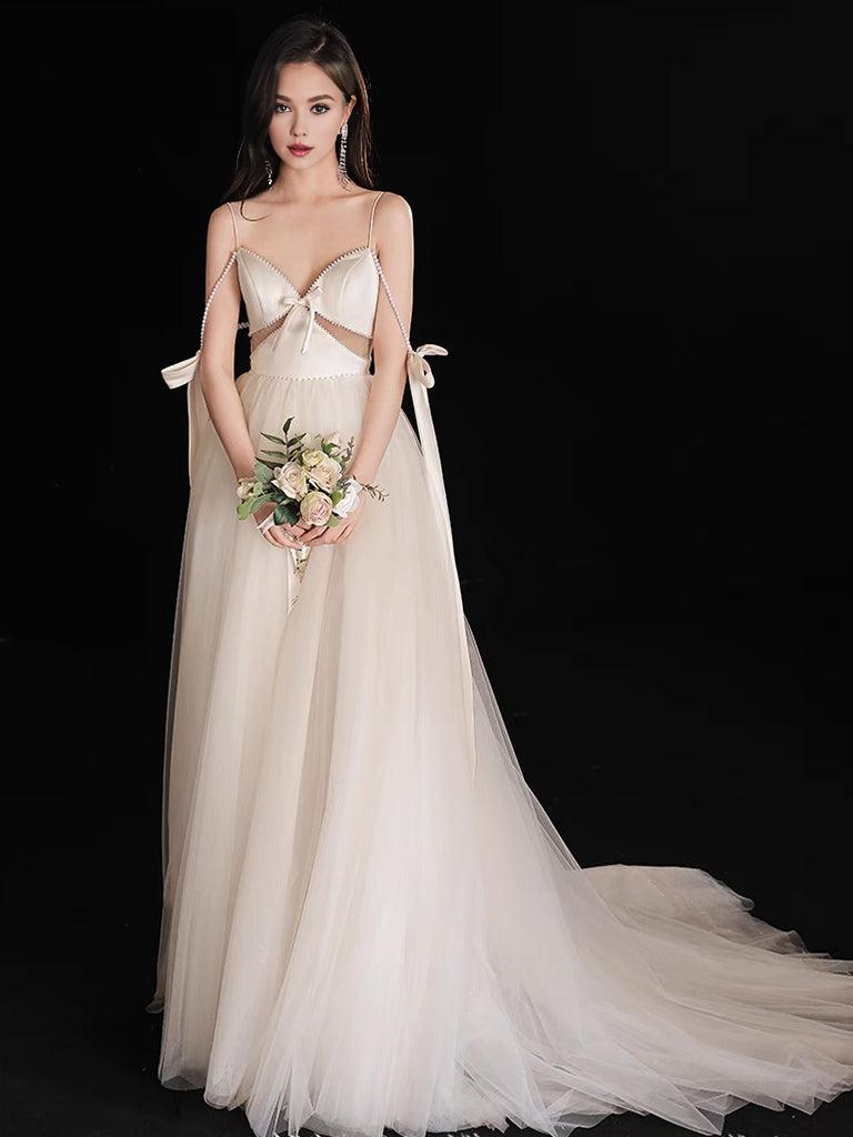 A-Line Light Champagne Tulle Beads Long Prom Dress Light Champagne Prom Dress