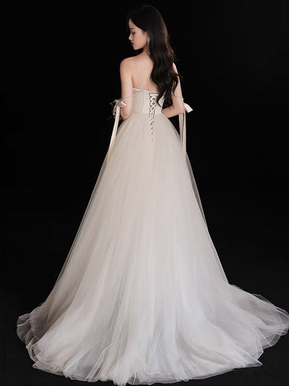 A-Line Light Champagne Tulle Beads Long Prom Dress Light Champagne Prom Dress