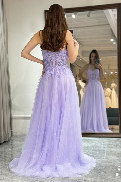 Light Purple Spaghetti Straps Long Prom Dress With Appliques