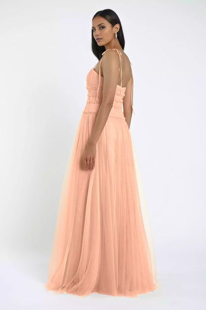 Lightweight chiffon thin shoulder straps with ruffled edges, straight neckline, back middle zipper, Bridesmaid Dresses