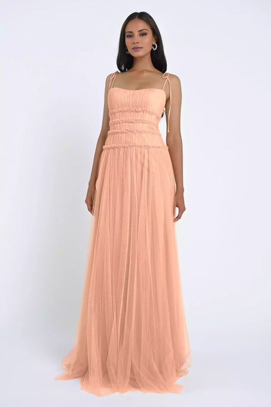 Lightweight chiffon thin shoulder straps with ruffled edges, straight neckline, back middle zipper, Bridesmaid Dresses