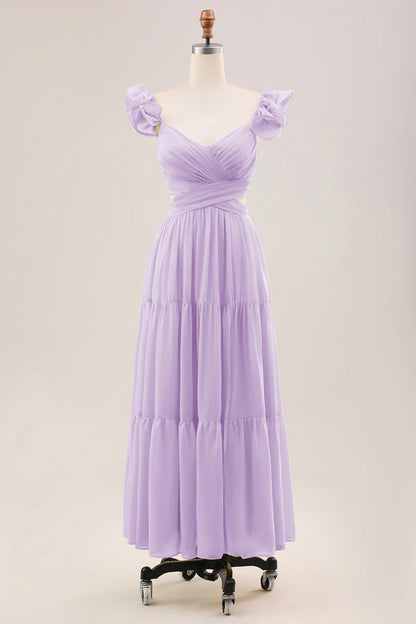 A Line Pleated Chiffon Wedding Party Guest Dress with Ruffles