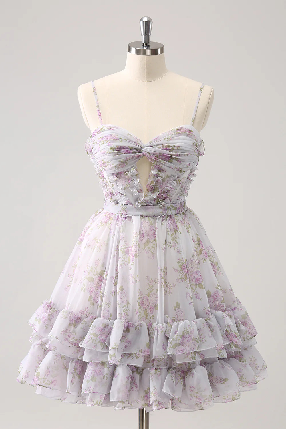 Lilac A Line Cut Out Tiered Print Floral Homecoming Dress