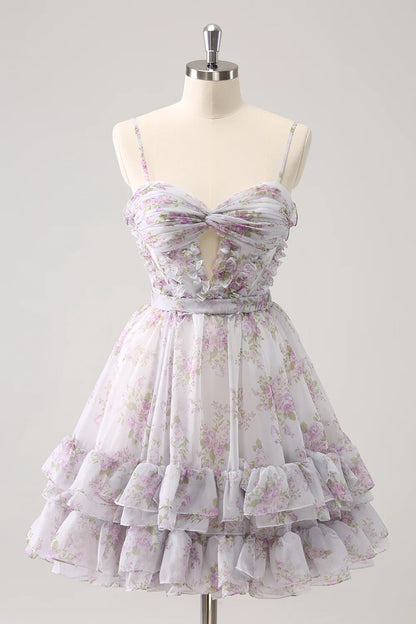 Lilac A Line Cut Out Tiered Print Floral Homecoming Dress