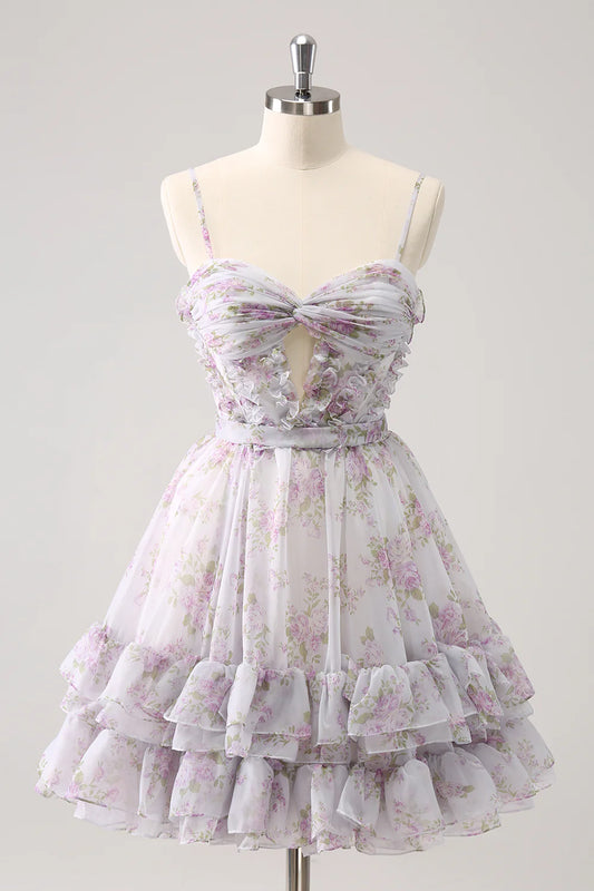 Lilac A Line Cut Out Tiered Print Floral Homecoming Dress