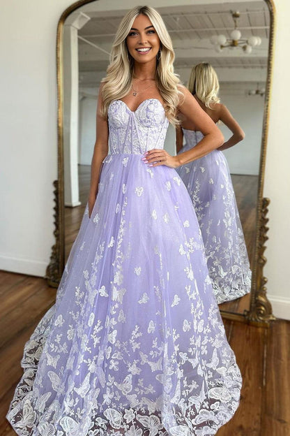 A-Line Sweetheart Zipper Back Long Tulle Prom Dress With Appliques
