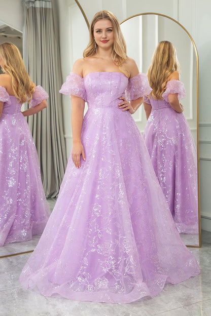 A-Line Strapless Tulle Long Prom Dress With