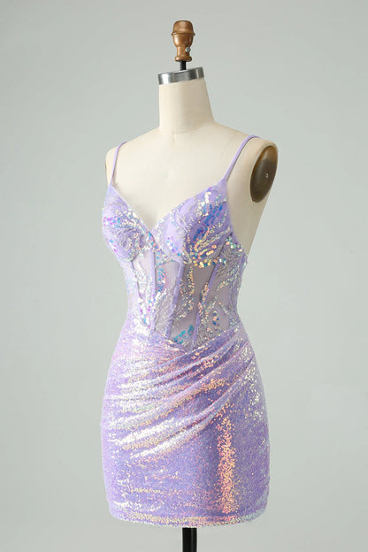 Lilac Tight Spaghetti Straps Corset Short Homecoming Dress