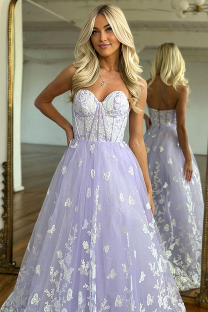 A-Line Sweetheart Zipper Back Long Tulle Prom Dress With Appliques