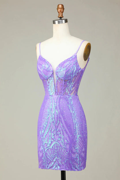 Stylish Lilac Bodycon Sequins Corset Homecoming Dress