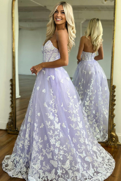 A-Line Sweetheart Zipper Back Long Tulle Prom Dress With Appliques