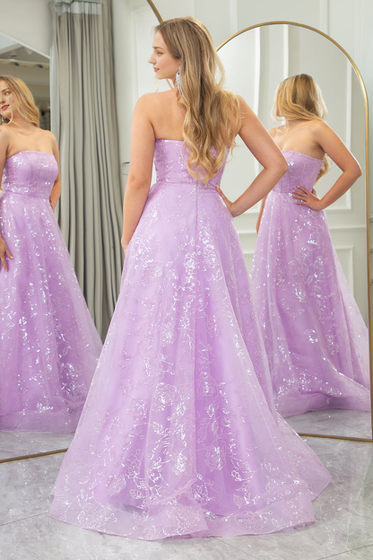 A-Line Strapless Tulle Long Prom Dress With