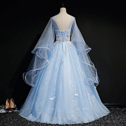 Long sleeved elegant high-end and atmospheric light blue strapless tulle dance dress