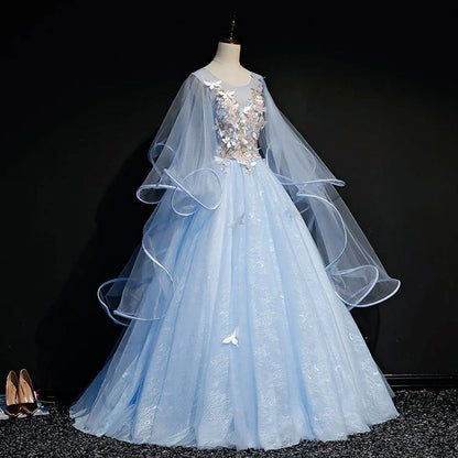 Long sleeved elegant high-end and atmospheric light blue strapless tulle dance dress