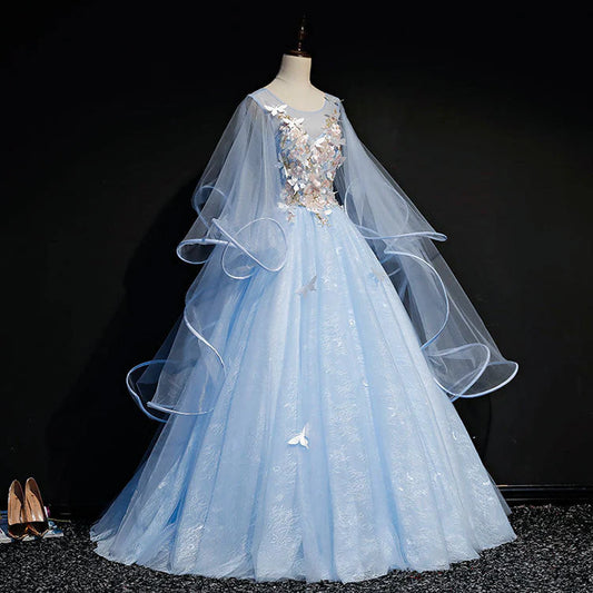 Long sleeved elegant high-end and atmospheric light blue strapless tulle dance dress