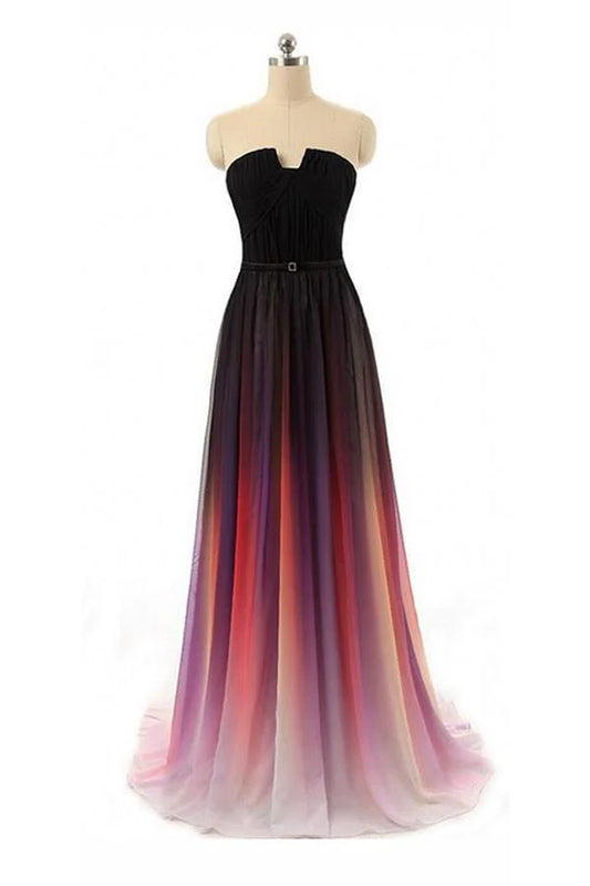 Long sexy high-end rainbow gradient sleeveless black navy blue chiffon A-line dance party cocktail wedding dress