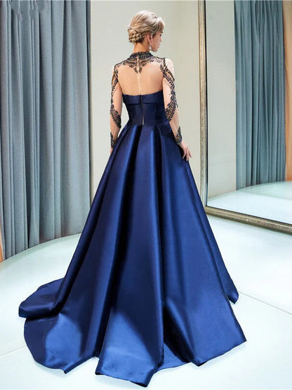 Long sleeved ball high neck long sleeved ball satin evening dress
