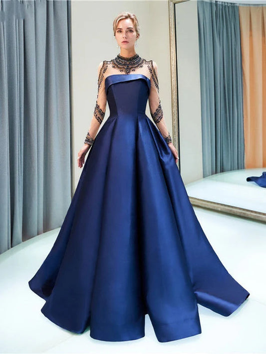 Long sleeved ball high neck long sleeved ball satin evening dress