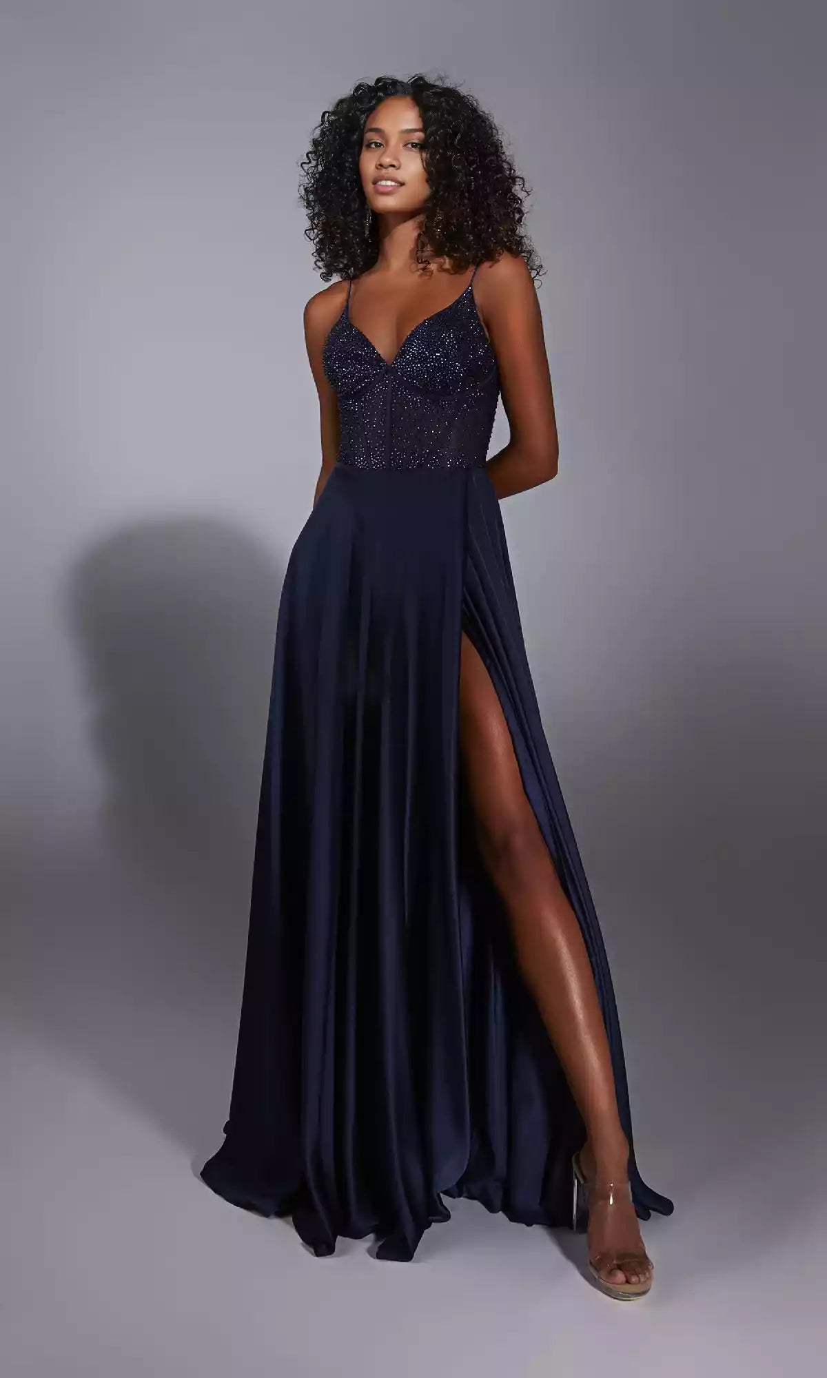 Long A-line transparent tight corset with full charm, featuring thin shoulder straps and slit design Prom Dresses