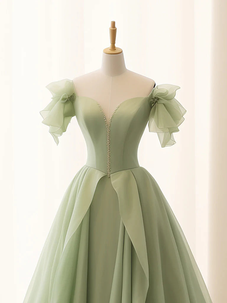A-Line Green Tulle Long Evening Dress Green Tulle Long Formal Dress