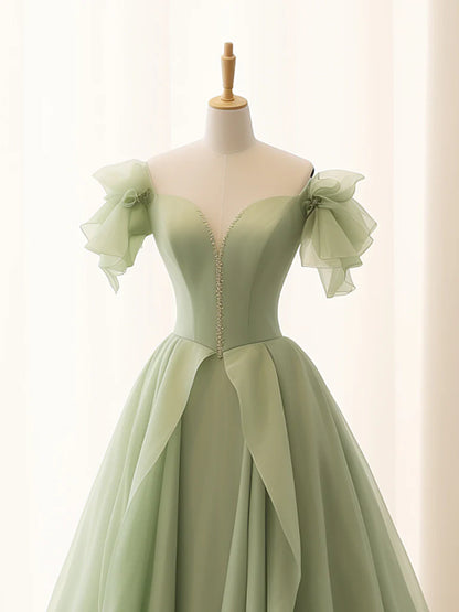 A-Line Green Tulle Long Evening Dress Green Tulle Long Formal Dress