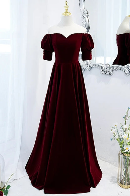 Burgundy Velvet Short Sleeves Long Evening Dress