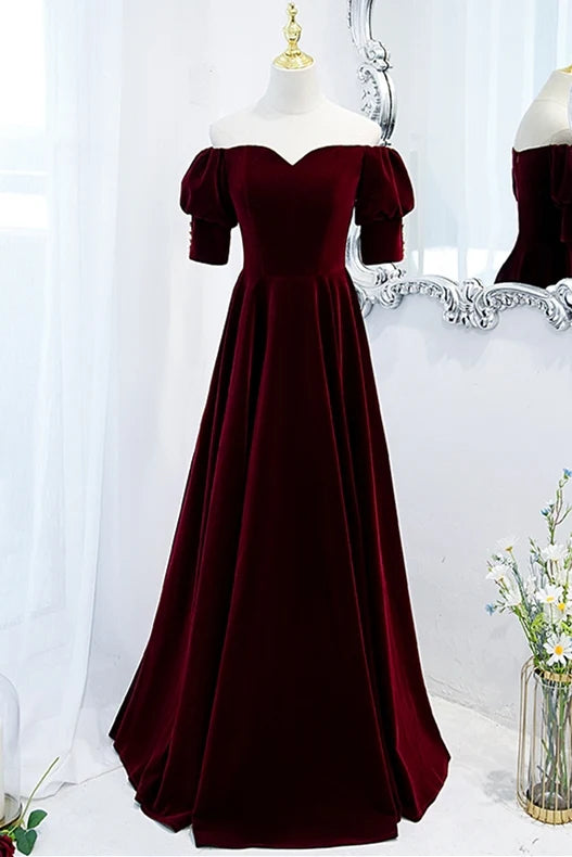 Burgundy Velvet Short Sleeves Long Evening Dress