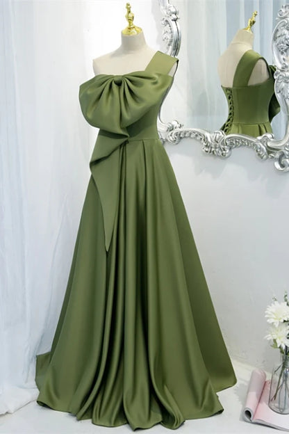 One Shoulder Green A-line Long Evening Dress