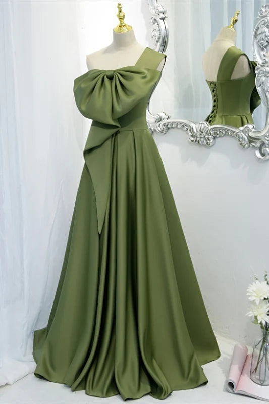 One Shoulder Green A-line Long Evening Dress