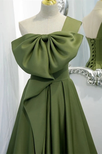 One Shoulder Green A-line Long Evening Dress