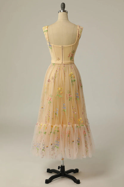 Cute Sweetheart Shoulder Straps Back to School Party Dress A-line sheer tea length