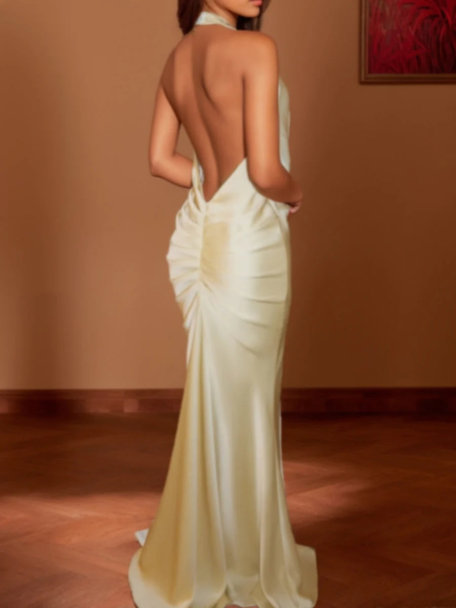 Luxe Satin Halter Deep V-Neck Twist Front Open Back Mermaid Floor-Length Prom Dress with Sweep Train