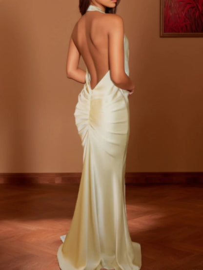 Luxe Satin Halter Deep V-Neck Twist Front Open Back Mermaid Floor-Length Prom Dress with Sweep Train