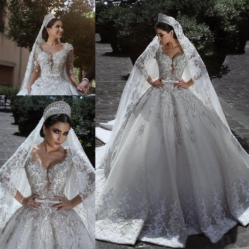 Luxury ball dress sweet long sleeved lace sticker thin gauze, long wedding dress