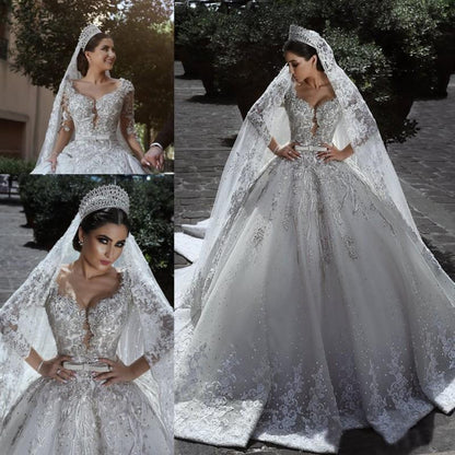 Luxury ball dress sweet long sleeved lace sticker thin gauze, long wedding dress