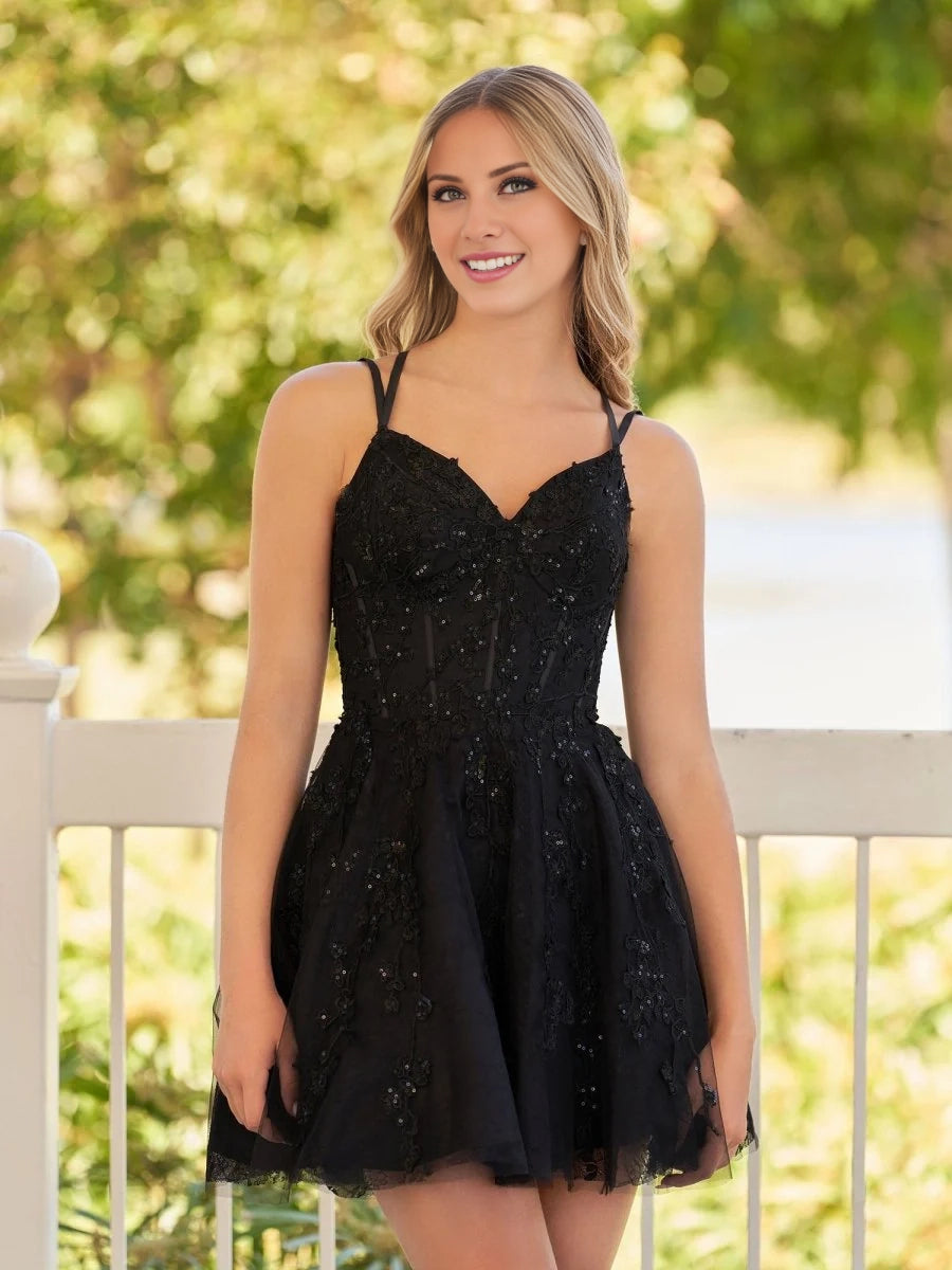 Luxurious and fashionable A-line lace sequin suspender with double thin shoulder straps, sleeveless collar and lace up back, Homecoming Dresses