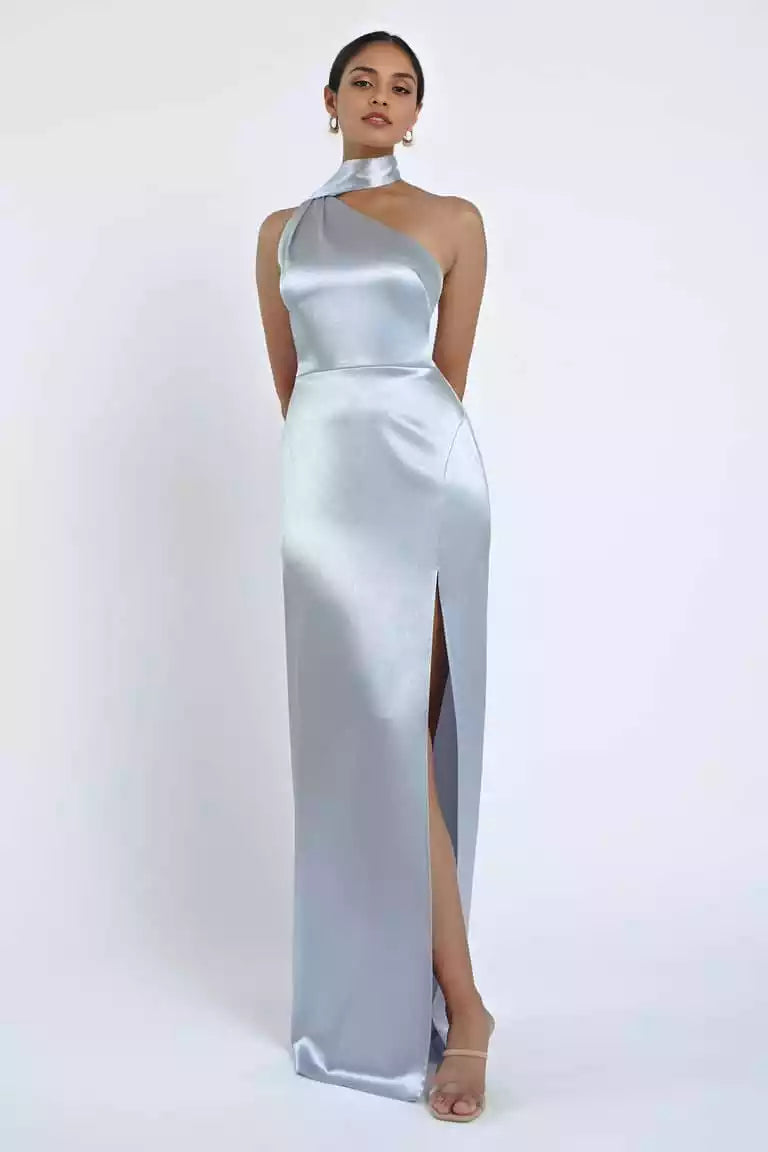 Luxurious asymmetrical backless neckline tight corset, natural waist seam slit skirt, Evening Dresses