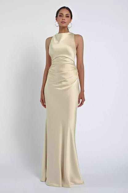 Luxurious satin, elegant drape, fashionable high neck, pleated waist, mid zip Bridesmaid Dresses