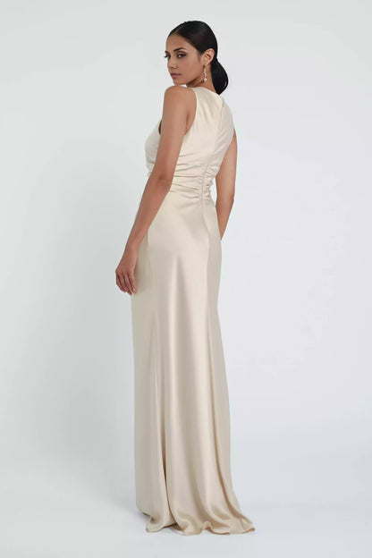 Luxurious satin, elegant drape, fashionable high neck, pleated waist, mid zip Bridesmaid Dresses
