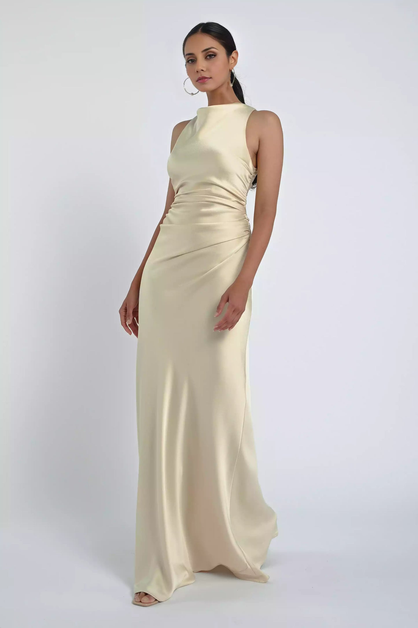 Luxurious satin, elegant drape, fashionable high neck, pleated waist, mid zip Bridesmaid Dresses