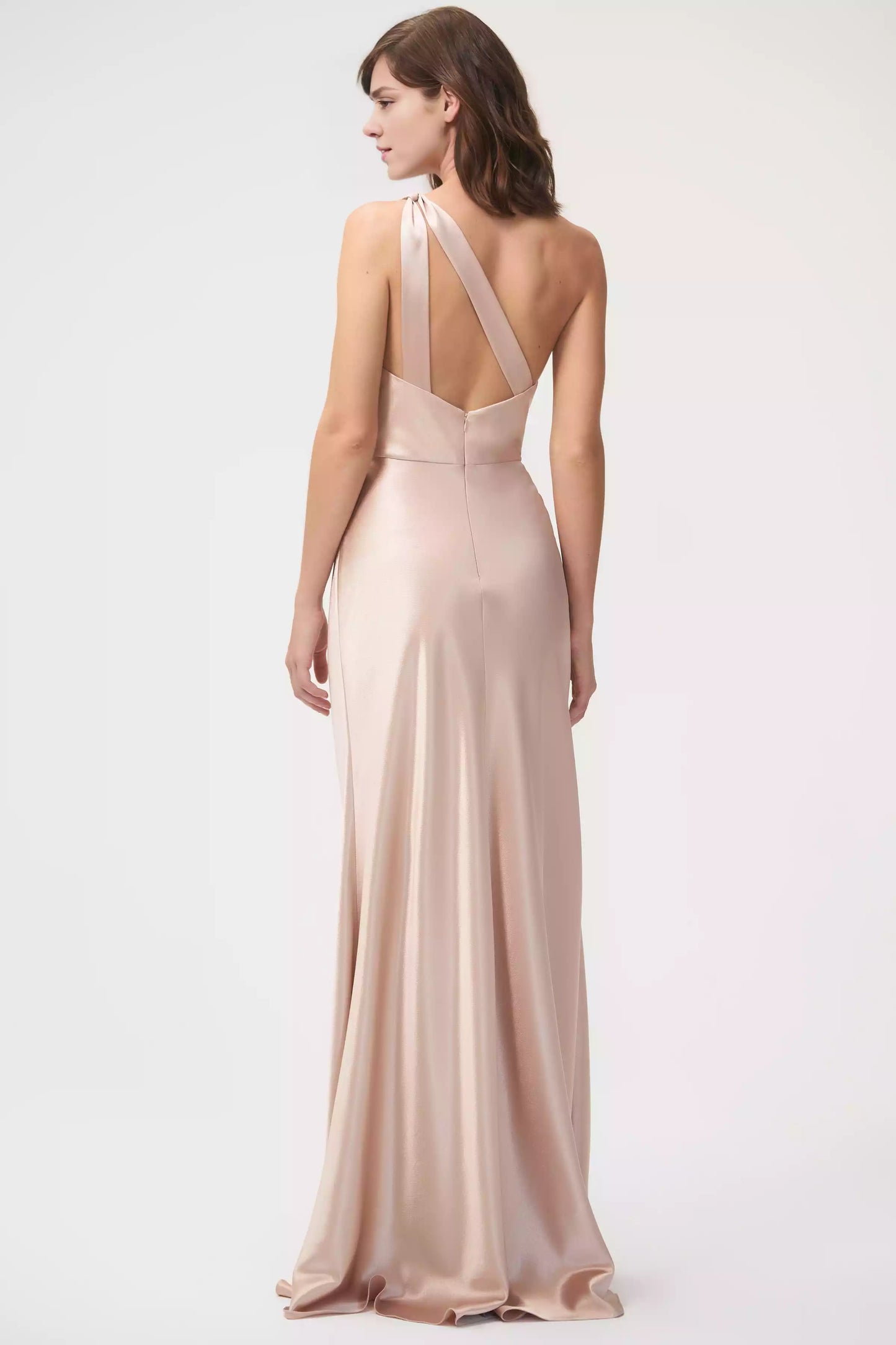 Luxurious satin crepe single shoulder neckline pleated diagonal cut skirt tight corset Evening Dresses