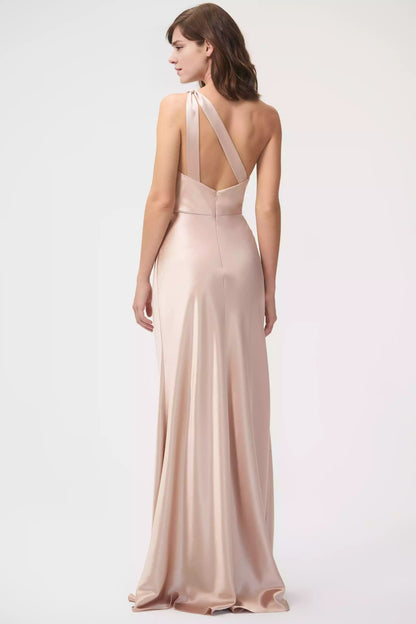 Luxurious satin crepe single shoulder neckline pleated diagonal cut skirt tight corset Evening Dresses