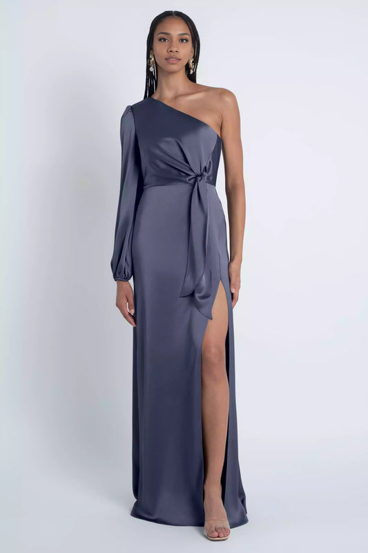 Luxurious satin single shoulder collar, waistband, and slit add exquisite Evening Dresses