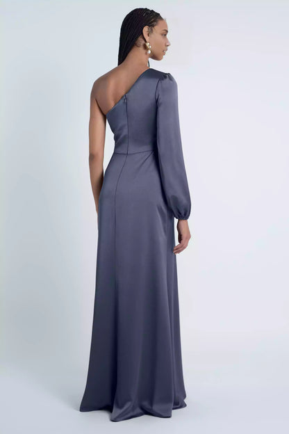 Luxurious satin single shoulder collar, waistband, and slit add exquisite Evening Dresses
