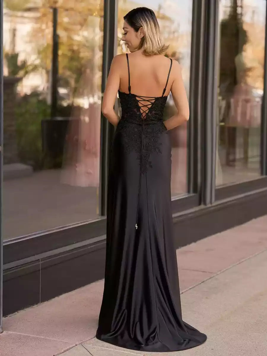Luxurious satin slim fit V-neck sleeveless slit with floor decals and beaded lace up back Prom Dresses